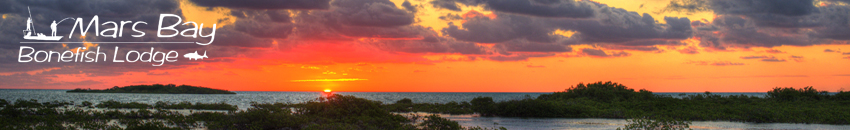 Sunset over the mangroves and flats near Mars Bay Bonefish Lodge, glowing orange and gold.