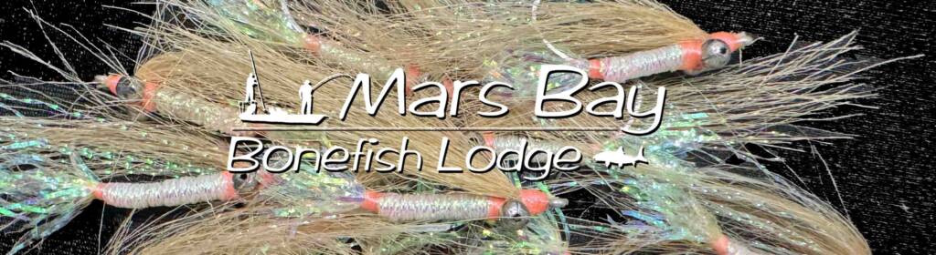 A pile of Gotcha bonefish flies with tan craft fur wings and pearl flash tails, background for Mars Bay Bonefish Lodge banner.